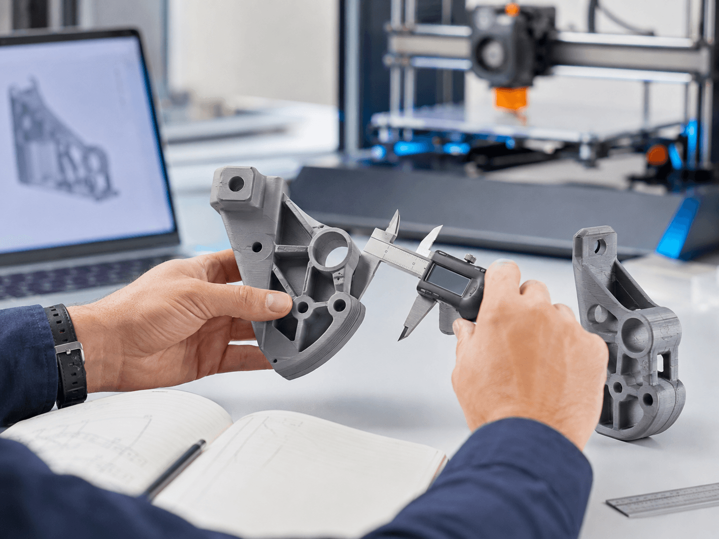 Profissional analisando um protótipo técnico produzido em impressão 3D.