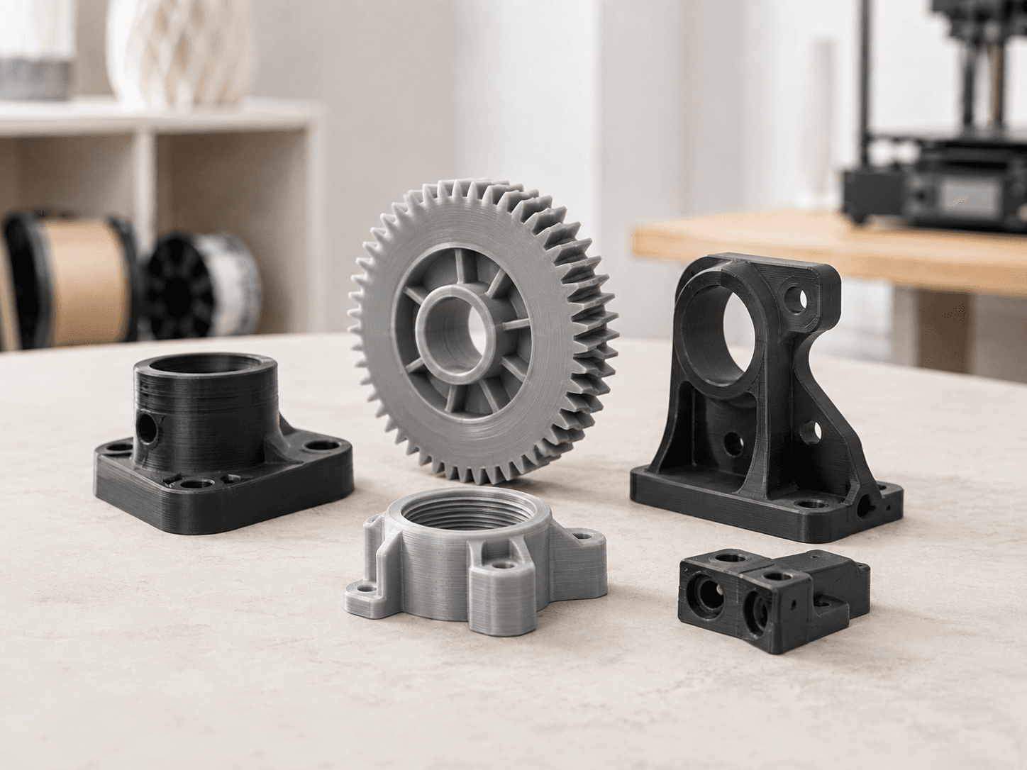 Engrenagem e componentes técnicos produzidos em impressão 3D.